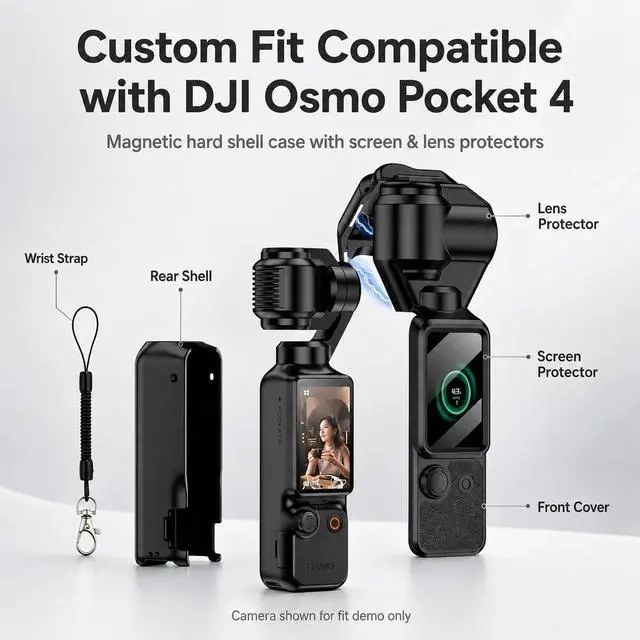 Alt view image 2 of 7 - Hard Shell Case Compatible with DJI Osmo Pocket 4, Magnetic Cover | PC magnetic cover with screen and lens protectors, wrist strap, anti-fingerprint finish, flip-open shooting for travel vlogs