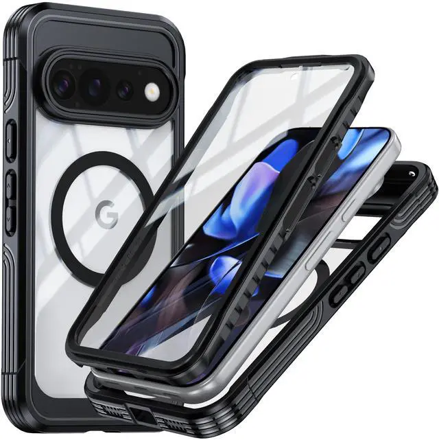 Main image of Magnetic Case for Google Pixel 11/11 Pro/10/10 Pro/9/9 Pro Case Magsafe with Screen Protector Camera Protection, Shockproof Dustproof Anti Slip Silicone Edge Clear Back Mag Phone Case Cover