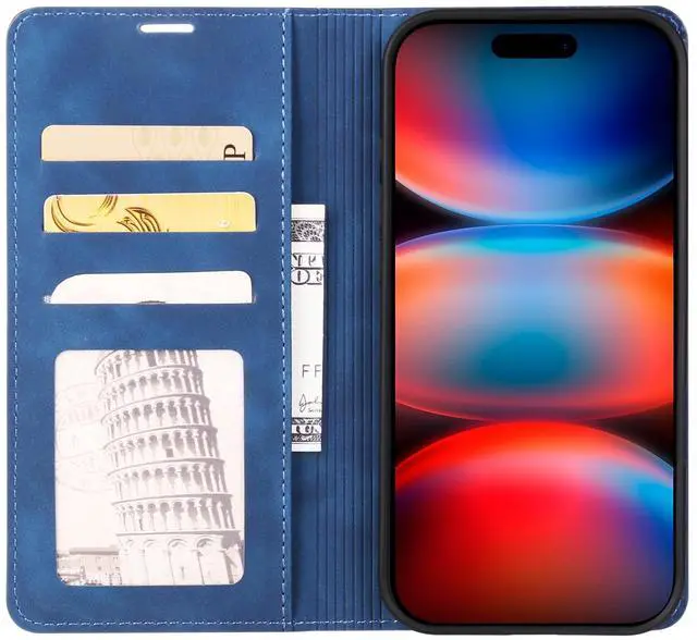 Alt view image 2 of 7 - Case for iPhone 18 Pro Max / iPhone 17 Pro Max, Premium PU Leather Phone Cover with Card Holder Stand, Shockproof Flip Wallet Cover Blue