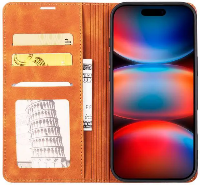 Alt view image 3 of 7 - Case for iPhone 18 Pro / iPhone 17 Pro, Premium PU Leather Phone Cover with Card Holder Stand, Shockproof Flip Wallet Cover Brown