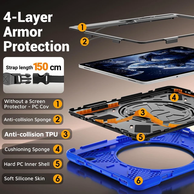 Alt view image 5 of 7 - Case for Samsung Galaxy Tab S12 Plus 12.4 inch 2026 SM-X840 SM-X846N SM-X848U SM-X846B SM-X846E Shockproof Cover with Rotating Stand/Shoulder Strap/Universal Stylus Pen Blue