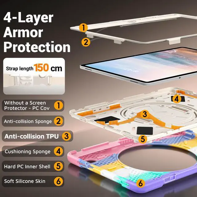 Alt view image 7 of 7 - Case for Samsung Galaxy Tab S12 Plus 12.4 inch 2026 SM-X840 SM-X846N SM-X848U SM-X846B SM-X846E Shockproof Cover with Rotating Stand/Shoulder Strap/Universal Stylus Pen Rainbow
