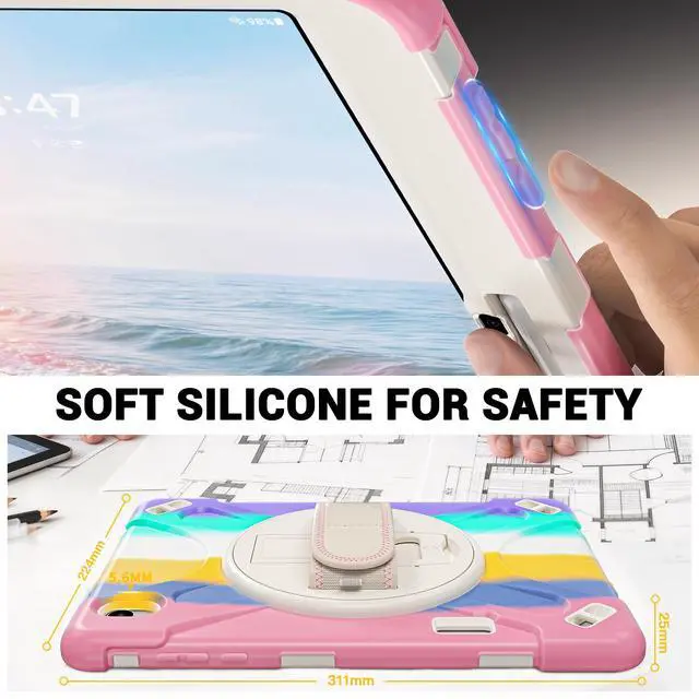 Alt view image 6 of 7 - Case for Samsung Galaxy Tab S12 Plus 12.4 inch 2026 SM-X840 SM-X846N SM-X848U SM-X846B SM-X846E Shockproof Cover with Rotating Stand/Shoulder Strap/Universal Stylus Pen Rainbow