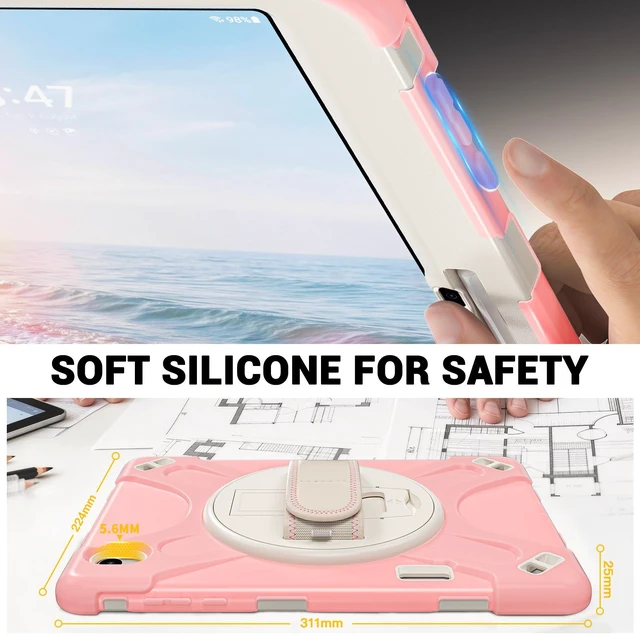 Alt view image 5 of 7 - Case for Samsung Galaxy Tab S12 Plus 12.4 inch 2026 SM-X840 SM-X846N SM-X848U SM-X846B SM-X846E Shockproof Cover with Rotating Stand/Shoulder Strap/Universal Stylus Pen Pink