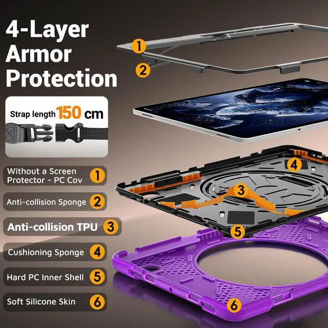 Alt view image 7 of 7 - Case for Samsung Galaxy Tab S12 Plus 12.4 inch 2026 SM-X840 SM-X846N SM-X848U SM-X846B SM-X846E Shockproof Cover with Rotating Stand/Shoulder Strap/Universal Stylus Pen Purple