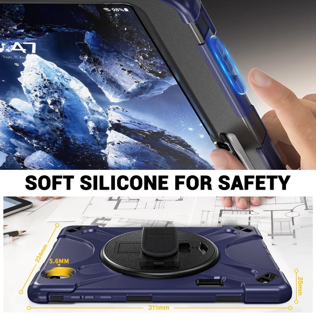 Alt view image 5 of 7 - Case for Samsung Galaxy Tab S12 Plus 12.4 inch 2026 SM-X840 SM-X846N SM-X848U SM-X846B SM-X846E Shockproof Cover with Rotating Stand/Shoulder Strap/Universal Stylus Pen Navy Blue