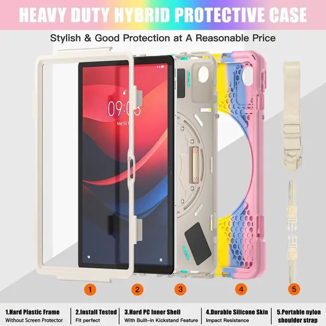 Alt view image 7 of 7 - Case for Lenovo Idea Tab 11 inch 2025/Tab M11 2024/K11 11"/Motorola Moto Pad 2026/Moto Pad 60 Neo Protective Cover with S Pen Holder Stand Hand/Shoulder Strap/Universal Stylus Pen Rainbow