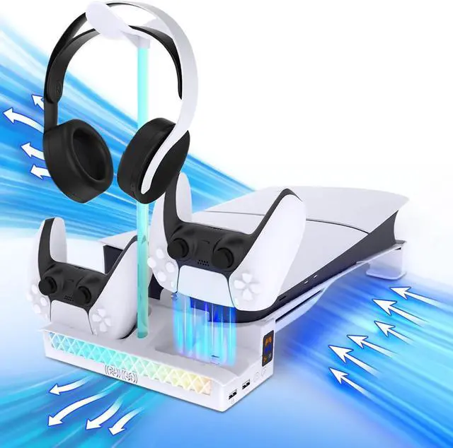 Main image of Horizontal Stand for PS5 Pro / PS5 Slim Console, Multifunctional Cooling Dock with 2-Controller Fast Charging Station, 3-Speed Quiet Fan & Headphone Holder