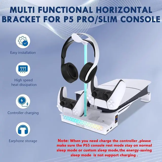 Alt view image 2 of 7 - Horizontal Stand for PS5 Pro / PS5 Slim Console, Multifunctional Cooling Dock with 2-Controller Fast Charging Station, 3-Speed Quiet Fan & Headphone Holder