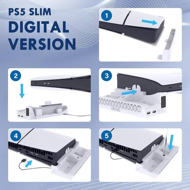 Alt view image 7 of 7 - Horizontal Stand for PS5 Pro / PS5 Slim Console, Multifunctional Cooling Dock with 2-Controller Fast Charging Station, 3-Speed Quiet Fan & Headphone Holder