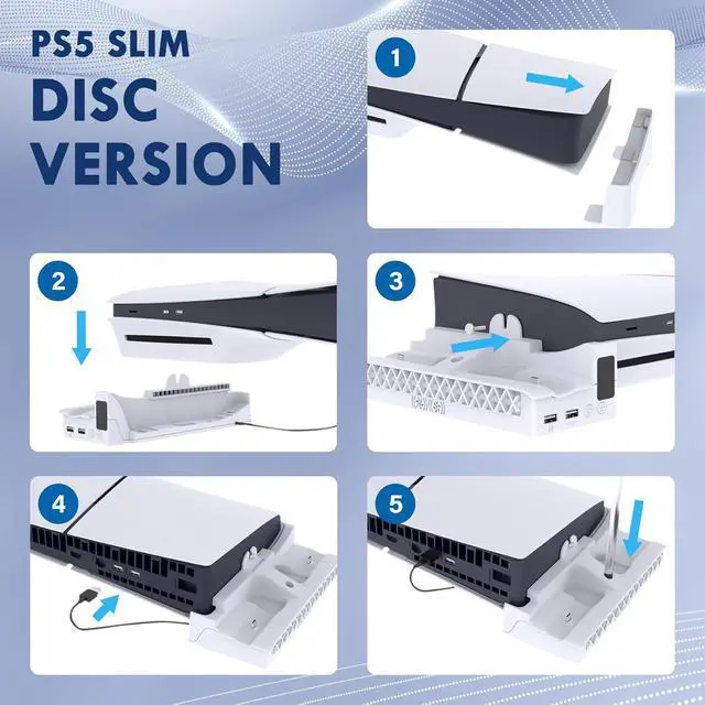 Alt view image 5 of 7 - Horizontal Stand for PS5 Pro / PS5 Slim Console, Multifunctional Cooling Dock with 2-Controller Fast Charging Station, 3-Speed Quiet Fan & Headphone Holder