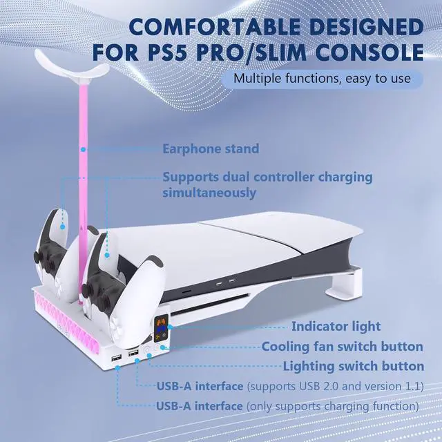 Alt view image 3 of 7 - Horizontal Stand for PS5 Pro / PS5 Slim Console, Multifunctional Cooling Dock with 2-Controller Fast Charging Station, 3-Speed Quiet Fan & Headphone Holder