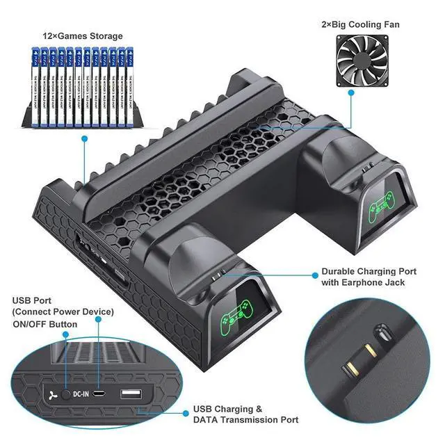 Alt view image 3 of 7 - PS4 Stand for PlayStation 4 Console, Cooling Station for PS4 Slim/Pro/PlayStation 4 Consoles, Pro Vertical Stand with 12 Game Slots