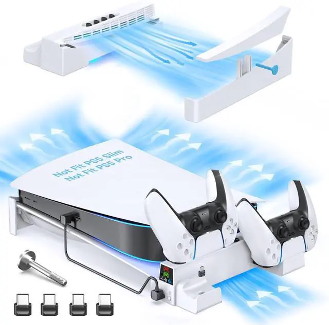 Main image of PS5 Horizontal Stand and Cooling Station with 3-Level Cooling Fan, Dual PS5 Controller Charger for PlayStation 5 Controller, Horizontal PS 5 Cooling Stand(Not for PS 5 Slim/Pro)
