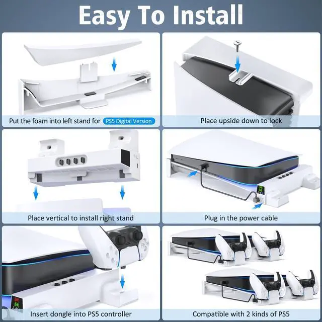 Alt view image 5 of 7 - PS5 Horizontal Stand and Cooling Station with 3-Level Cooling Fan, Dual PS5 Controller Charger for PlayStation 5 Controller, Horizontal PS 5 Cooling Stand(Not for PS 5 Slim/Pro)