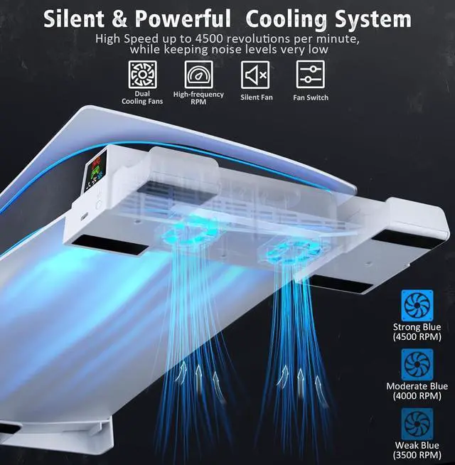 Alt view image 3 of 7 - PS5 Horizontal Stand and Cooling Station with 3-Level Cooling Fan, Dual PS5 Controller Charger for PlayStation 5 Controller, Horizontal PS 5 Cooling Stand(Not for PS 5 Slim/Pro)