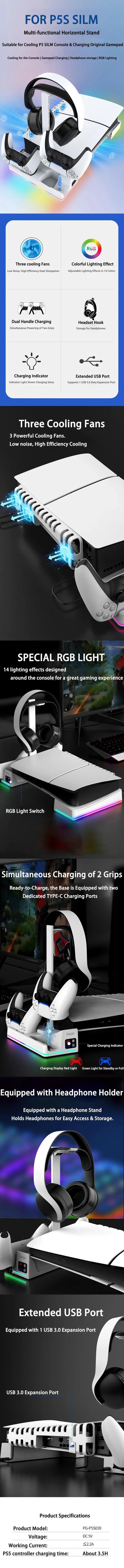 Alt view image 5 of 6 - Multi-Functional Horizontal Stand for PS5 Slim/Pro Console with Dazzling RGB Colors Equipped with 3 Cooling Fans