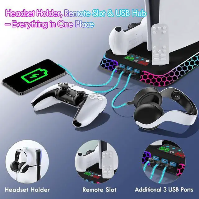 Alt view image 6 of 7 - Cooling Station for PS5/PS5 Pro/PS5 Slim with RGB Lights, Stand Vertical Base Accessories with Silent 3-Level Cooling Fans, Dual Controller Charger and USB Hubs