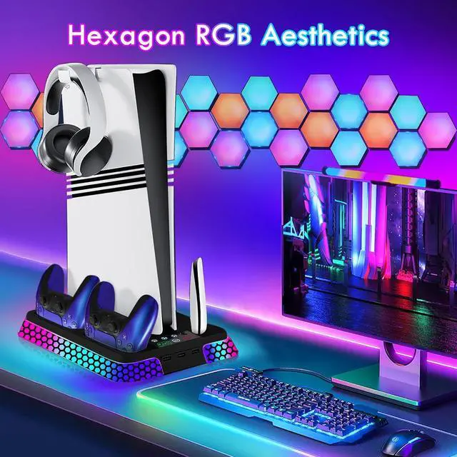 Alt view image 3 of 7 - Cooling Station for PS5/PS5 Pro/PS5 Slim with RGB Lights, Stand Vertical Base Accessories with Silent 3-Level Cooling Fans, Dual Controller Charger and USB Hubs
