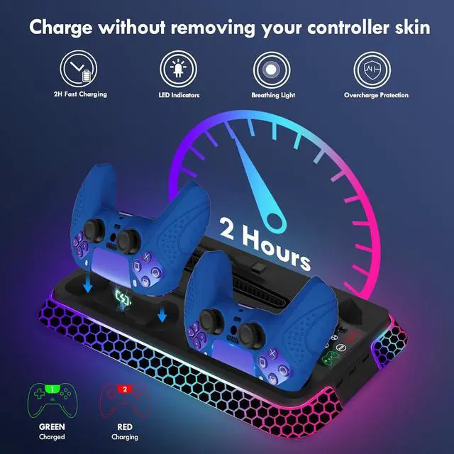 Alt view image 7 of 7 - Cooling Station for PS5/PS5 Pro/PS5 Slim with RGB Lights, Stand Vertical Base Accessories with Silent 3-Level Cooling Fans, Dual Controller Charger and USB Hubs
