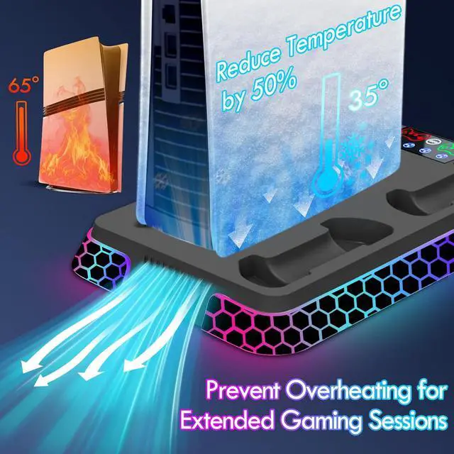 Alt view image 5 of 7 - Cooling Station for PS5/PS5 Pro/PS5 Slim with RGB Lights, Stand Vertical Base Accessories with Silent 3-Level Cooling Fans, Dual Controller Charger and USB Hubs