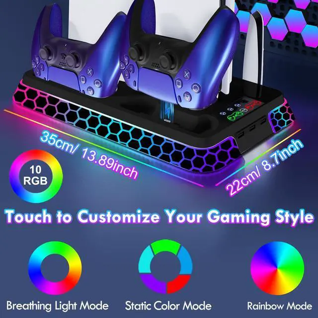 Alt view image 4 of 7 - Cooling Station for PS5/PS5 Pro/PS5 Slim with RGB Lights, Stand Vertical Base Accessories with Silent 3-Level Cooling Fans, Dual Controller Charger and USB Hubs