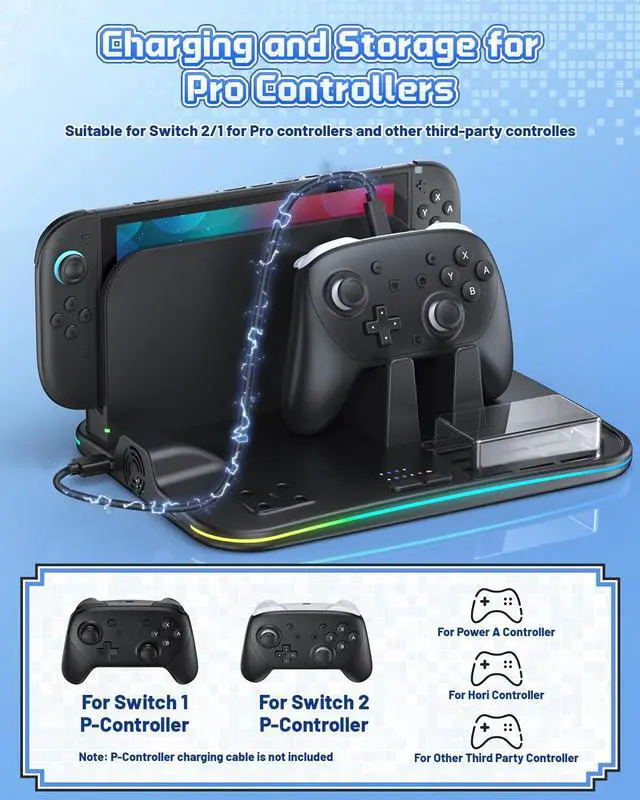 Alt view image 7 of 7 - RGB All-in-1 Charging Dock & Organizer Station for Switch 2/Switch 1, Fan Cooling, 4 Joycons + Pro Controller Charging, 12 Game Card Slots, Headset Holder & 9 RGB Modes