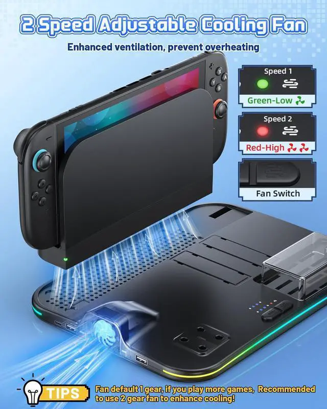 Alt view image 6 of 7 - RGB All-in-1 Charging Dock & Organizer Station for Switch 2/Switch 1, Fan Cooling, 4 Joycons + Pro Controller Charging, 12 Game Card Slots, Headset Holder & 9 RGB Modes
