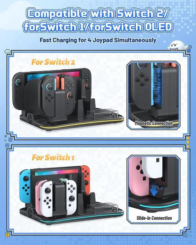 Alt view image 4 of 7 - RGB All-in-1 Charging Dock & Organizer Station for Switch 2/Switch 1, Fan Cooling, 4 Joycons + Pro Controller Charging, 12 Game Card Slots, Headset Holder & 9 RGB Modes