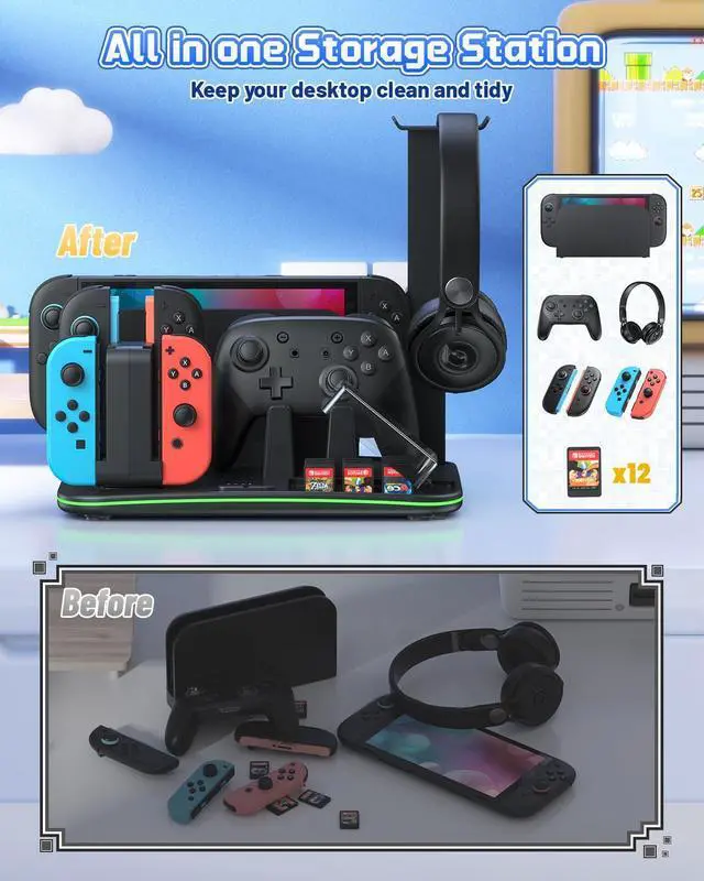 Alt view image 5 of 7 - RGB All-in-1 Charging Dock & Organizer Station for Switch 2/Switch 1, Fan Cooling, 4 Joycons + Pro Controller Charging, 12 Game Card Slots, Headset Holder & 9 RGB Modes