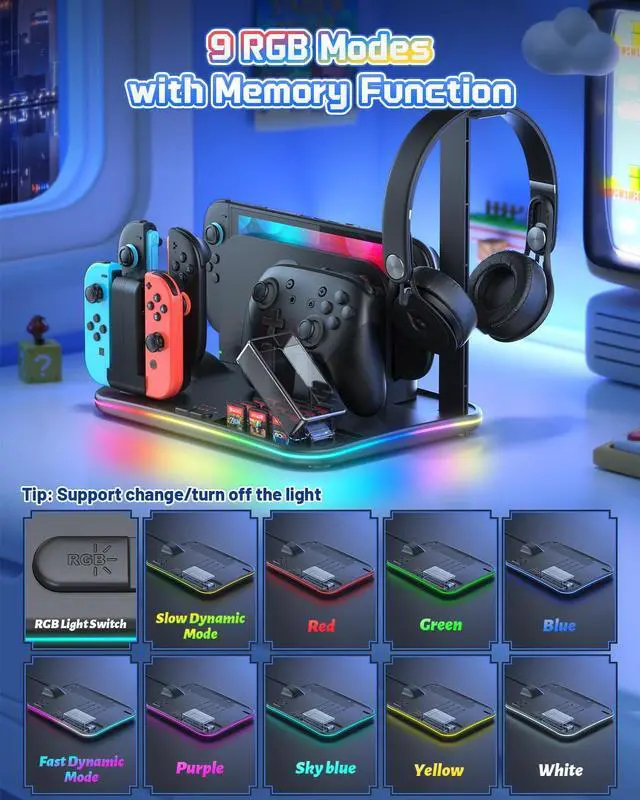 Alt view image 2 of 7 - RGB All-in-1 Charging Dock & Organizer Station for Switch 2/Switch 1, Fan Cooling, 4 Joycons + Pro Controller Charging, 12 Game Card Slots, Headset Holder & 9 RGB Modes