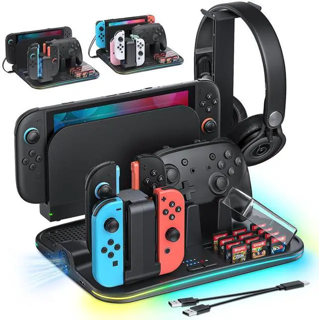 Main image of RGB All-in-1 Charging Dock & Organizer Station for Switch 2/Switch 1, Fan Cooling, 4 Joycons + Pro Controller Charging, 12 Game Card Slots, Headset Holder & 9 RGB Modes