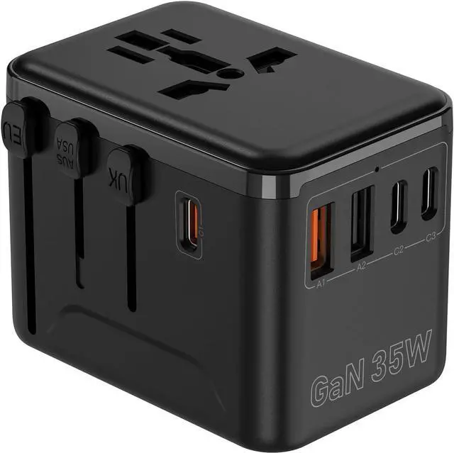 Main image of Universal Travel Adapter 35W, 5-in-1 Wall Charger with 3 USB-C & 2 USB-A Ports, International Power Plug for USA UK EU AU (Not a Voltage Converter) Fits 224+ Countries, Black
