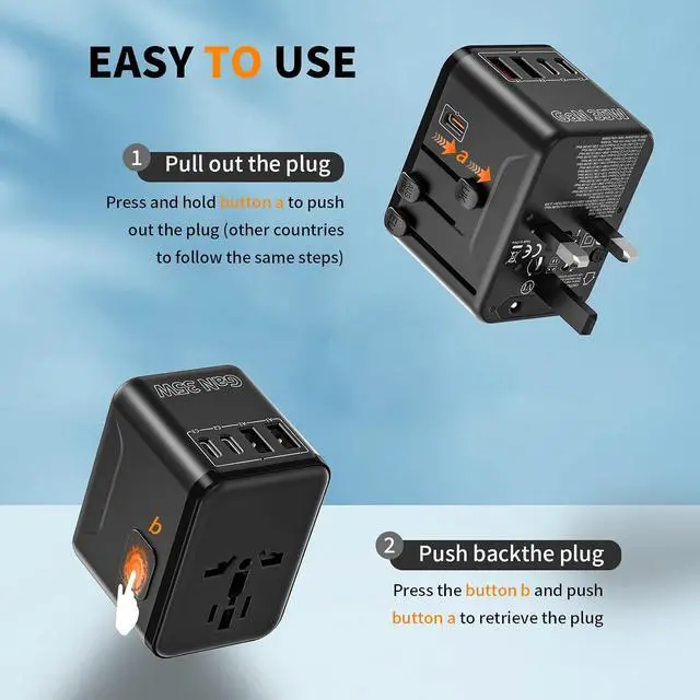 Alt view image 5 of 7 - Universal Travel Adapter 35W, 5-in-1 Wall Charger with 3 USB-C & 2 USB-A Ports, International Power Plug for USA UK EU AU (Not a Voltage Converter) Fits 224+ Countries, Black
