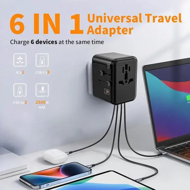 Alt view image 6 of 7 - Universal Travel Adapter 35W, 5-in-1 Wall Charger with 3 USB-C & 2 USB-A Ports, International Power Plug for USA UK EU AU (Not a Voltage Converter) Fits 224+ Countries, Black
