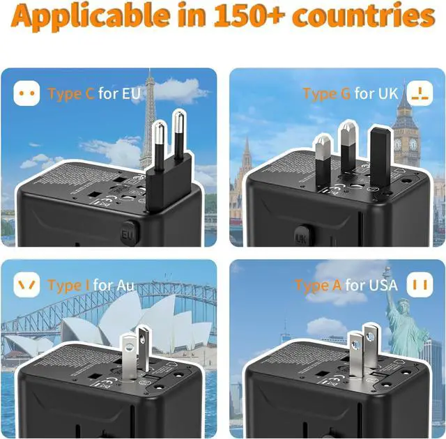 Alt view image 2 of 7 - Universal Travel Adapter 35W, 5-in-1 Wall Charger with 3 USB-C & 2 USB-A Ports, International Power Plug for USA UK EU AU (Not a Voltage Converter) Fits 224+ Countries, Black