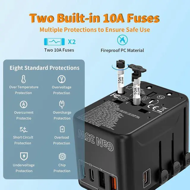 Alt view image 3 of 7 - Universal Travel Adapter 35W, 5-in-1 Wall Charger with 3 USB-C & 2 USB-A Ports, International Power Plug for USA UK EU AU (Not a Voltage Converter) Fits 224+ Countries, Black