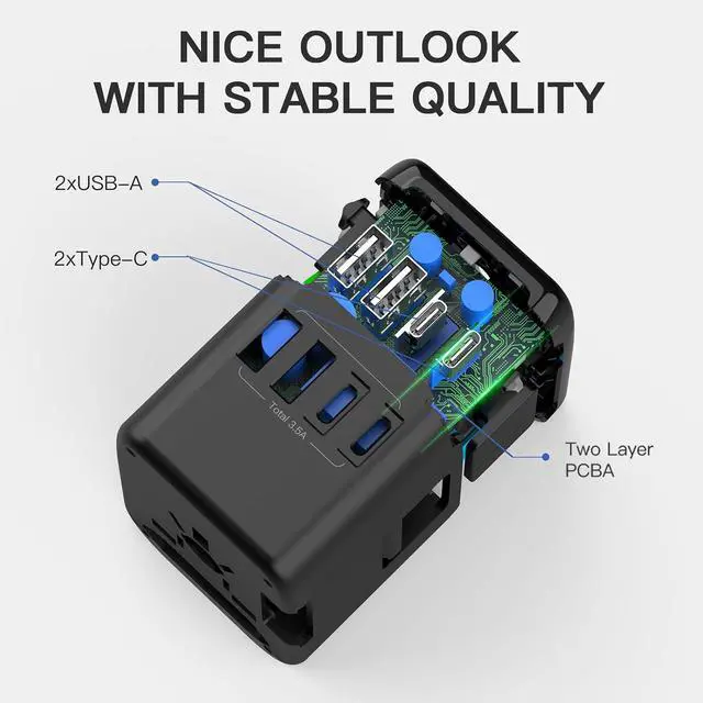 Alt view image 4 of 7 - Universal Travel Adapter Worldwide with USB C & 3 USB Ports, International Plug Adapter for Europe, UK, Italy, France, Germany, All in One Universal Power Adapter for Over 200 Countries, 5V 3.4A