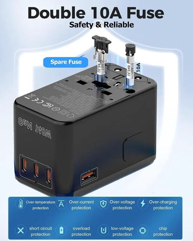 Alt view image 5 of 7 - 140W GaN Travel Adapter & Laptop Charger, Universal All-in-One for 200+ Countries with 3 USB-C Ports, USB-A, and 2500W AC Outlet, Charges 5 Devices Simultaneously Ideal for International Travel