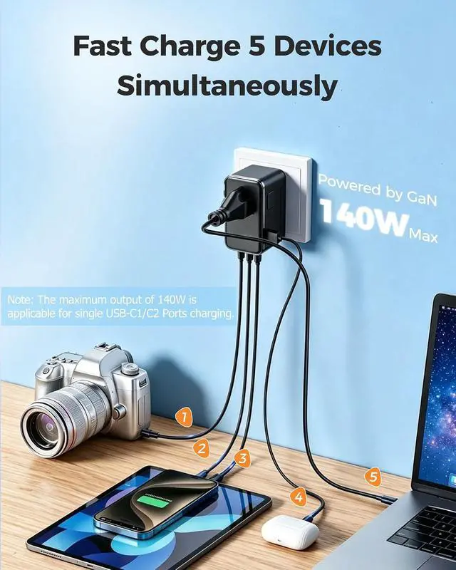 Alt view image 3 of 7 - 140W GaN Travel Adapter & Laptop Charger, Universal All-in-One for 200+ Countries with 3 USB-C Ports, USB-A, and 2500W AC Outlet, Charges 5 Devices Simultaneously Ideal for International Travel