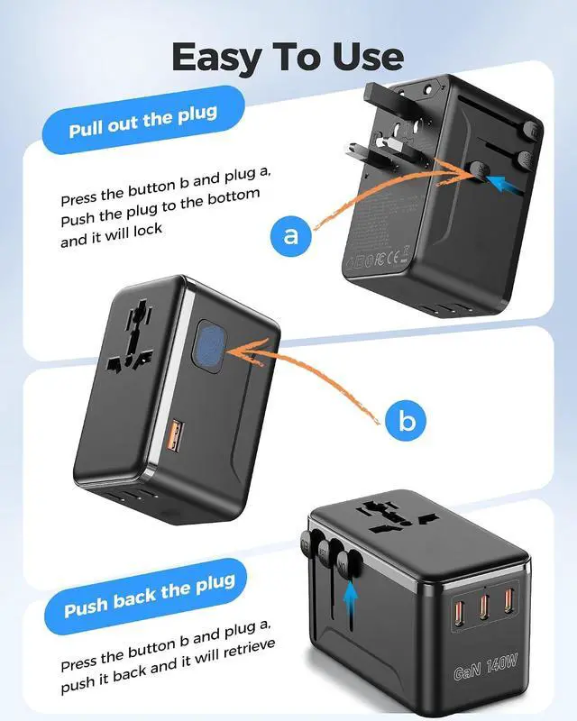 Alt view image 7 of 7 - 140W GaN Travel Adapter & Laptop Charger, Universal All-in-One for 200+ Countries with 3 USB-C Ports, USB-A, and 2500W AC Outlet, Charges 5 Devices Simultaneously Ideal for International Travel