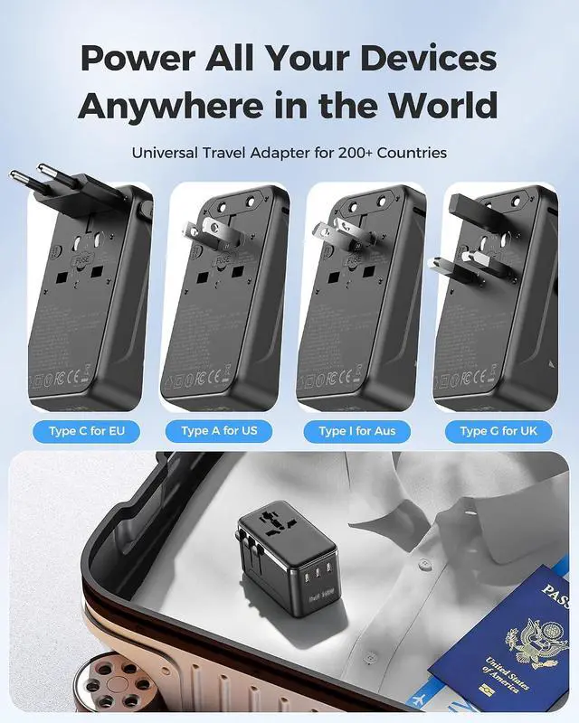 Alt view image 2 of 7 - 140W GaN Travel Adapter & Laptop Charger, Universal All-in-One for 200+ Countries with 3 USB-C Ports, USB-A, and 2500W AC Outlet, Charges 5 Devices Simultaneously Ideal for International Travel