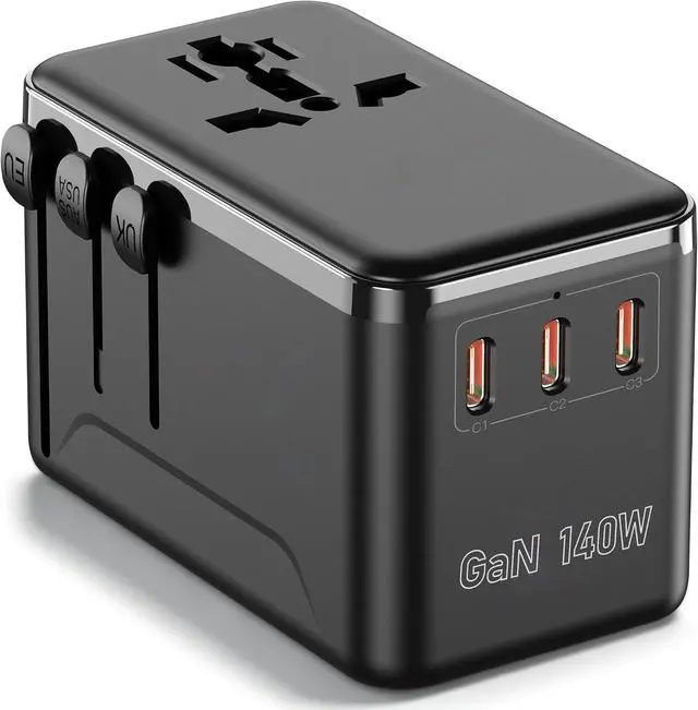 Main image of 140W GaN Travel Adapter & Laptop Charger, Universal All-in-One for 200+ Countries with 3 USB-C Ports, USB-A, and 2500W AC Outlet, Charges 5 Devices Simultaneously Ideal for International Travel