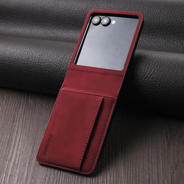 Alt view image 4 of 6 - Case for Samsung Galaxy Z Flip 8 Premium PU Leather Phone Cover with Card Holder Stand, Shockproof Flip Wallet Cover Red