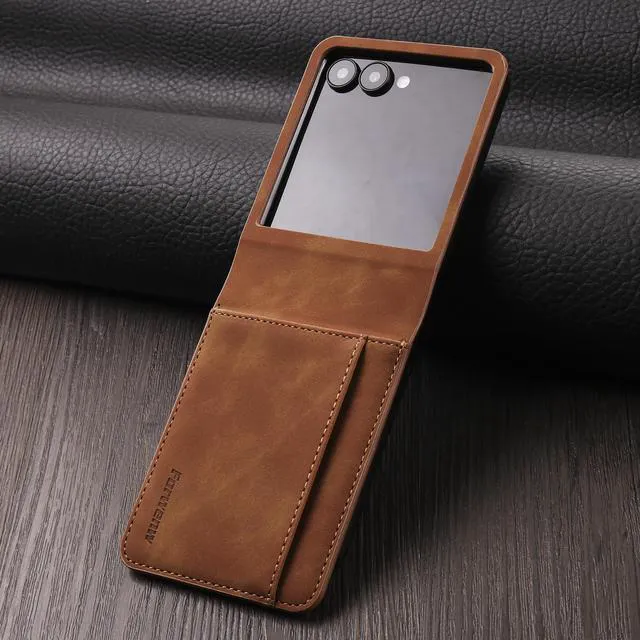 Alt view image 6 of 6 - Case for Samsung Galaxy Z Flip 8 Premium PU Leather Phone Cover with Card Holder Stand, Shockproof Flip Wallet Cover Brown