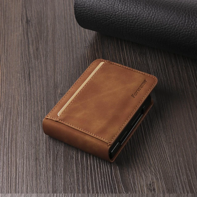 Alt view image 4 of 6 - Case for Samsung Galaxy Z Flip 8 Premium PU Leather Phone Cover with Card Holder Stand, Shockproof Flip Wallet Cover Brown