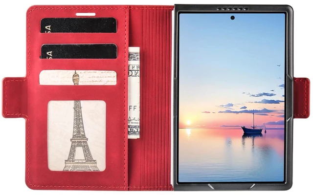 Alt view image 3 of 7 - Case for Samsung Galaxy Z Fold 8 Premium PU Leather Phone Cover with Card Holder Stand, Shockproof Flip Wallet Cover Red