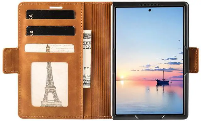 Alt view image 3 of 7 - Case for Samsung Galaxy Z Fold 8 Premium PU Leather Phone Cover with Card Holder Stand, Shockproof Flip Wallet Cover Brown