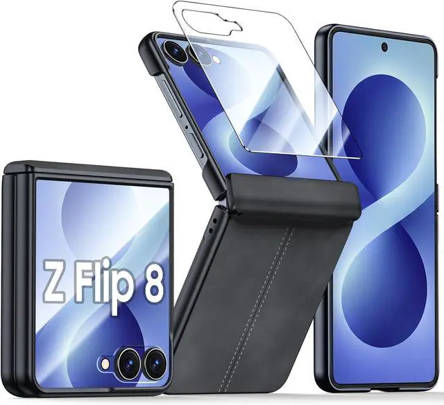 Main image of Case for Galaxy Z Flip 8 with Hinge Protection & Screen Protector, Ultra-Thin Slim Matte PU Leather PC Shockproof Cover, Scratch-Resistant Bumper Protective Case for Samsung Z Flip 8 - Black