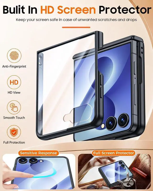 Alt view image 5 of 7 - Case for Galaxy Z Flip 8 with Hinge Protection & Screen Protector, Ultra-Thin Slim Matte PU Leather PC Shockproof Cover, Scratch-Resistant Bumper Protective Case for Samsung Z Flip 8 - Black
